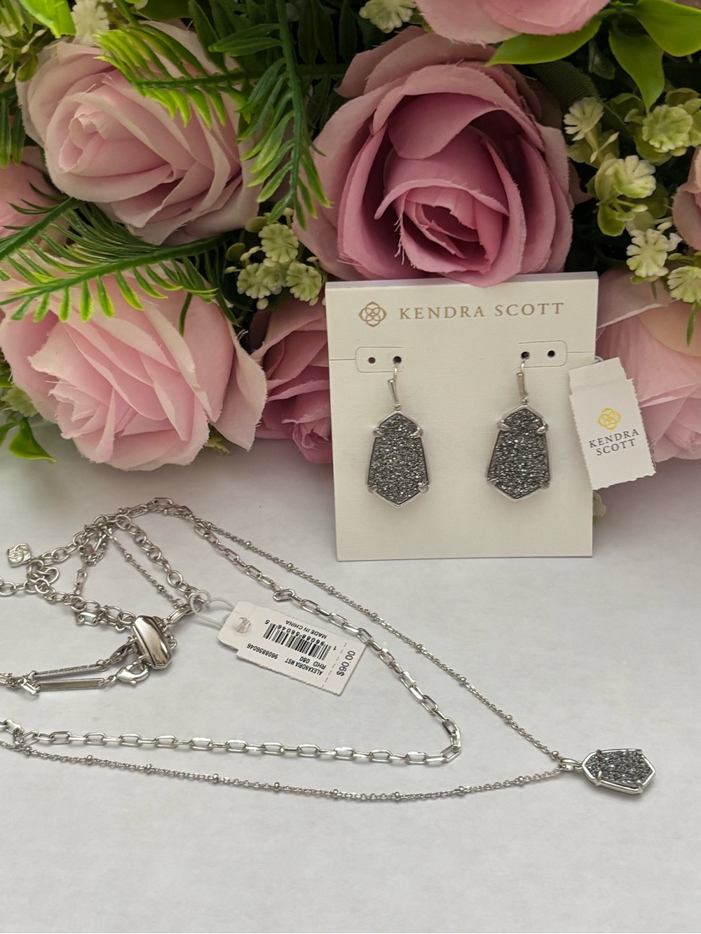 NWT Kendra Scott set Alexandria earrings + Strand Necklace Silver Platinum drusy